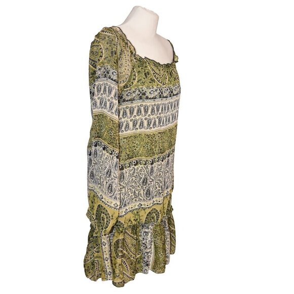 Wet Seal Y2K Paisley Chiffon Flutter Hem Pea Green Dress Goblincore Medium - Picture 2 of 4